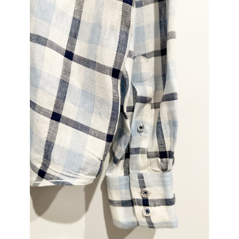 Bugatchi Shaped Fit Blue Plaid Linen Button Down Size XL - Picture 8 of 9
